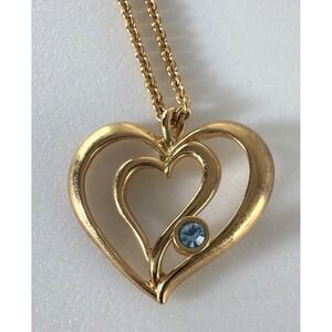 Vtg Avon Rhinestone Double Heart Pendant Necklace Blue Birthstone Aquamarine